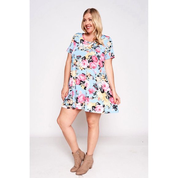 PINK ROSE WESTERN FLORAL BOHO PLUS MINI SWING DRESS POCKETS 1X 2X 3X TU… - Picture 4 of 4